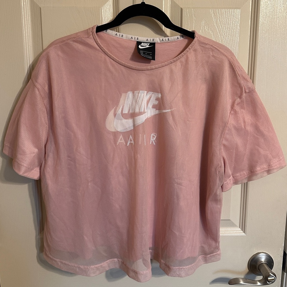 Nike Air Women’s Short Sleeve Layered Mesh Relaxed Tee, Pale Pink & White, Sz XL - Picture 2 of 9